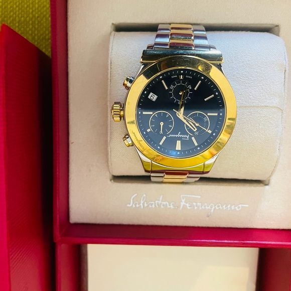 Ferragamo Two Tone Watch (Blue Face) $1225 Size: OS